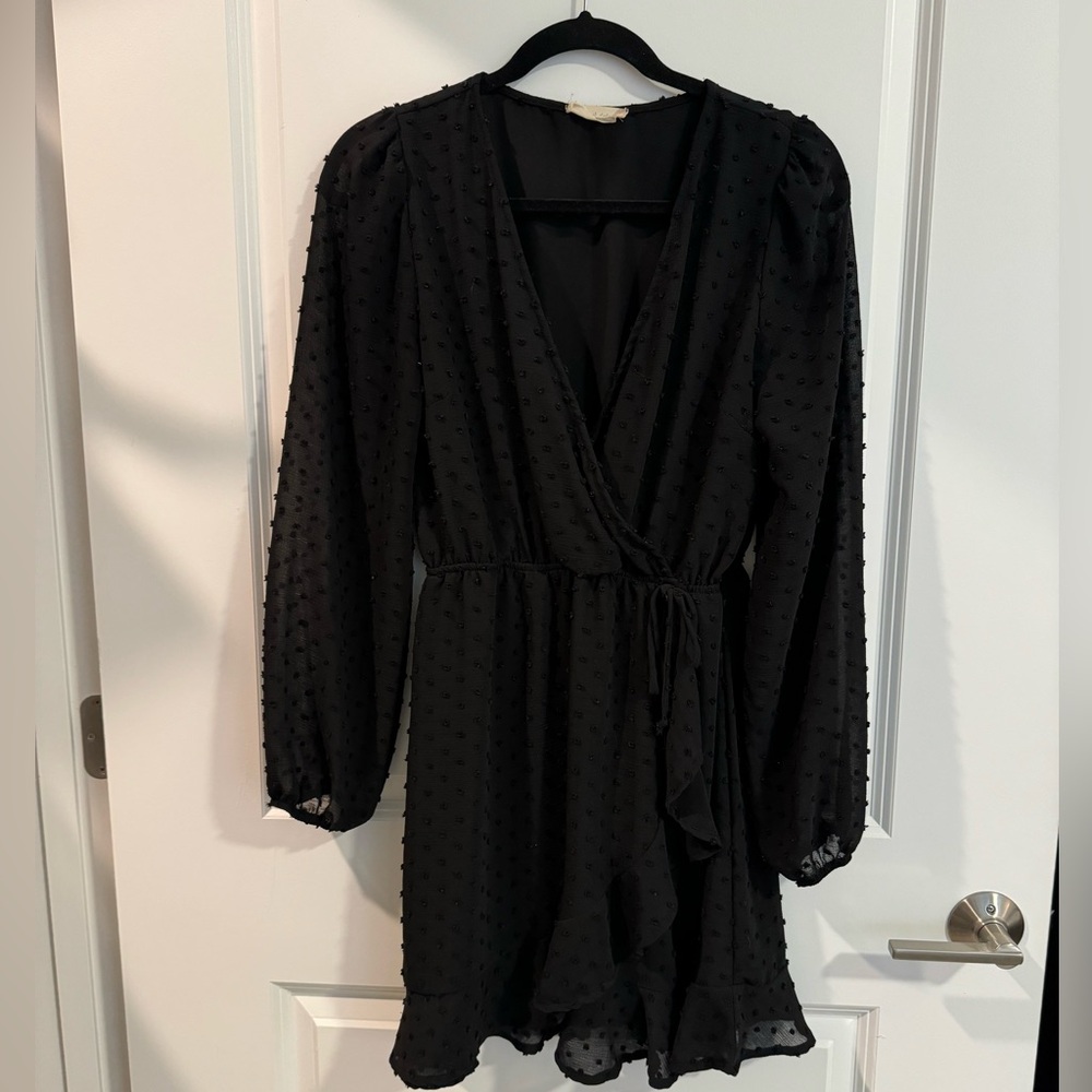 Altar’ed State long-sleeve black dress with bell sleeves & Swiss dots, size M